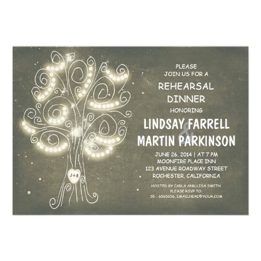 string lights tree rustic rehearsal dinner personalized invite