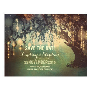string lights tree rustic save the date postcard