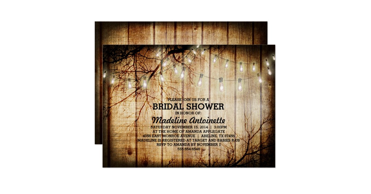 String Lights Tree Vintage Barn Wood Bridal Shower Card Zazzle