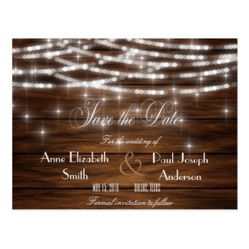 String Lights Wood Save The Date Postcard by rusticwedding at Zazzle