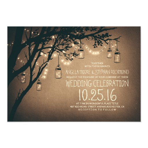 string of lights mason jars vintage wedding personalized announcements (front side)