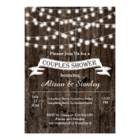 String of lights, old wood wedding couples shower custom invitations