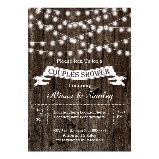 String of lights, old wood wedding couples shower custom invitations