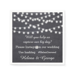 String of lights on chalkboard & hashtag wedding standard cocktail napkin