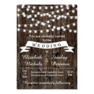 String of lights on wood and banner summer wedding personalized announcements