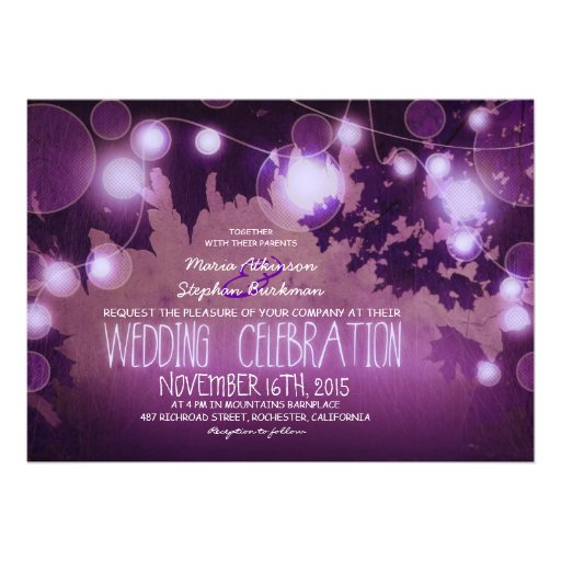 string of lights rustic purple wedding invitation