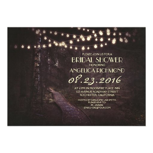 string of lights rustic trees bridal shower personalized invites