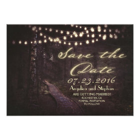 string of lights rustic trees save the date invitations