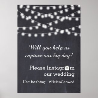 String of lights with Instagram hashtag wedding