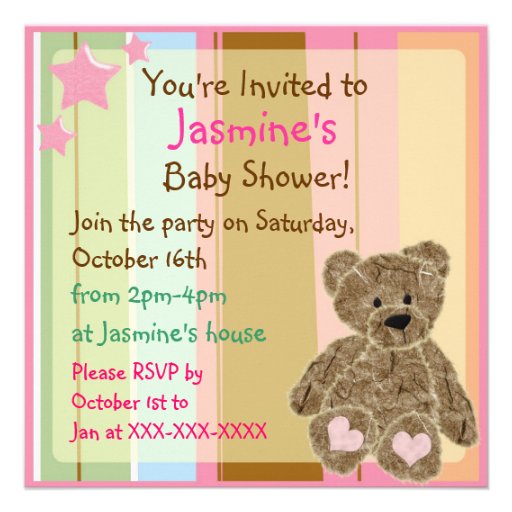 Striped baby girl teddy bear shower invitations