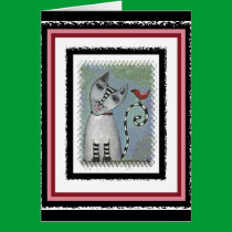 Striped Cat & Red Bird - funky feline card cards
