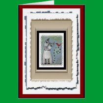 Striped Cat & Red Bird - funky greeting card (5) cards