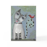 Striped Cat & Red Bird - Greeting Card