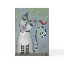 Striped Cat & Red Bird - Greeting Card