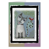Striped cat & Red Bird - pastels version / card by folkartblonde Striped cat & Red Bird - pastels version / card