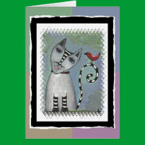 Striped cat & Red Bird - pastels version / card cards