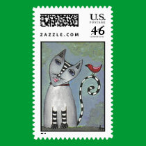 Striped Cat & Red Bird - Postage Stamp stamps