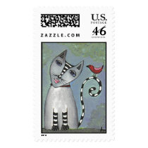 Striped Cat & Red Bird - Postage Stamp
