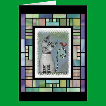 Striped Cat & Red Bird -stained glass version card cards