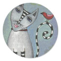 Striped Cat & Red Bird - sticker sticker