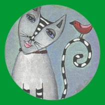 Striped Cat & Red Bird - sticker stickers