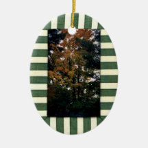 Striped Green Cream Border Fall Leaves  Ornament
