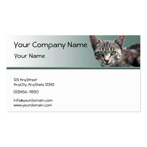 Striped Tabby with Green Eyes on Green Gradient Business Card Template (front side)