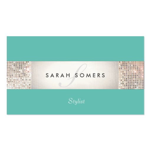 Striped Turquoise FAUX Silver Sequin Monogram 2 Business Card Template