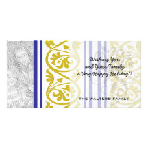 stripes and damask mustard yellow purple photo card