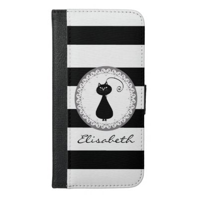 Stripes black/white Cute girly whimsical cat iPhone 6/6S Plus Wallet Case