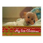 Stripes Damask My First Christmas Photo Postcard