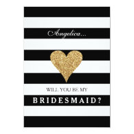 black and white Stripes Bridesmaid Invitation with gold sparkly heart