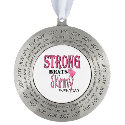 STRONG BEATS Skinny everyday! Pink Boxing Gloves Round Pewter Christmas Ornament
