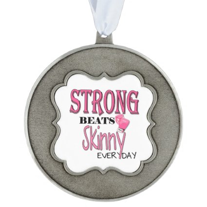 STRONG BEATS Skinny everyday! Pink Boxing Gloves Scalloped Pewter Christmas Ornament