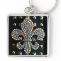 Studded fleur de lis print case keychain