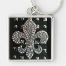 Studded fleur de lis print case keychain