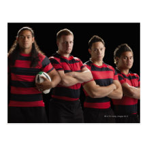 Studio portrait of male rugby team postcards