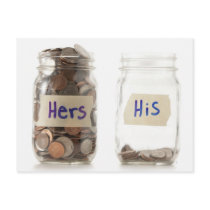 Studio shot of two jars with coins labeled post cards