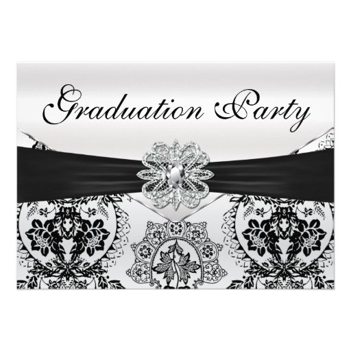 Stunning Black and Silver Damask Graduation Party Invitation (front side)
