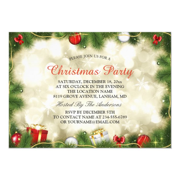 Stunning Gold Red Baubles Lights Christmas Party Card (front side)