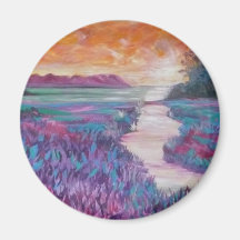 Stunning Sunset Over Grassy River Marsh Painting Fridge Magnets
