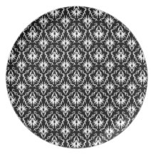 Stylish Black and White Damask Pattern. Party Plate