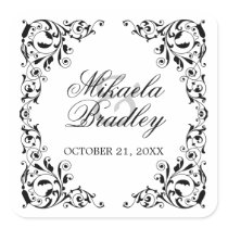 Stylish Black and White Swirls Wedding Seals Square Sticker
