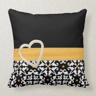 Stylish Black, White, and Yellow Damask Pillow throwpillow