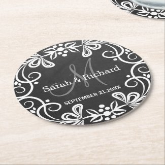 Stylish Black White Chakboard Wedding Monogram Round Paper Coaster