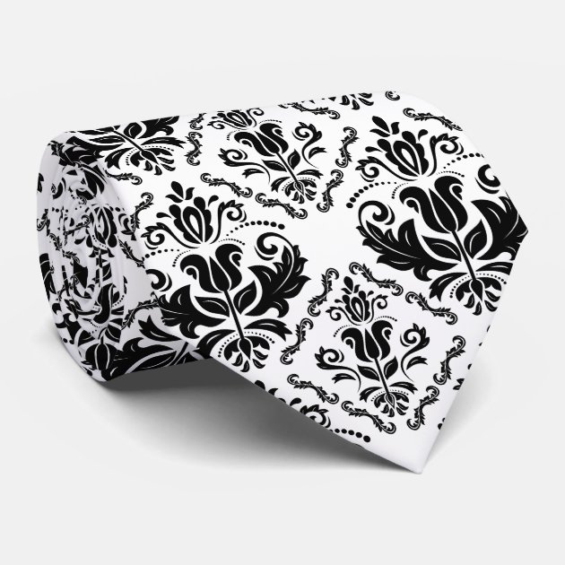 Stylish Black White Damask Decorate Pattern Tie-0