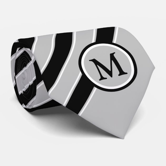 Stylish Black White Gray Stripes Monogram Initial Tie