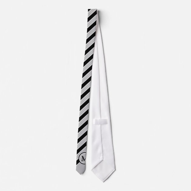 Stylish Black White Gray Stripes Monogram Initial Tie 3/3