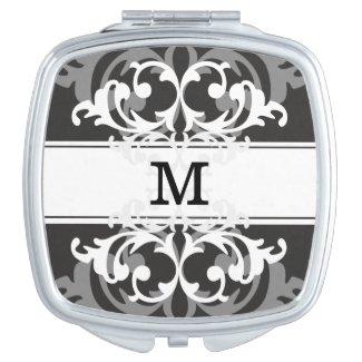 Stylish Black White Swirl Flourish Monogram Compact Mirror
