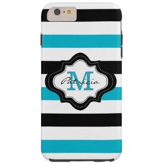 Stylish Blue Black White Stripes Custom Monogram iPhone 6 Plus Case